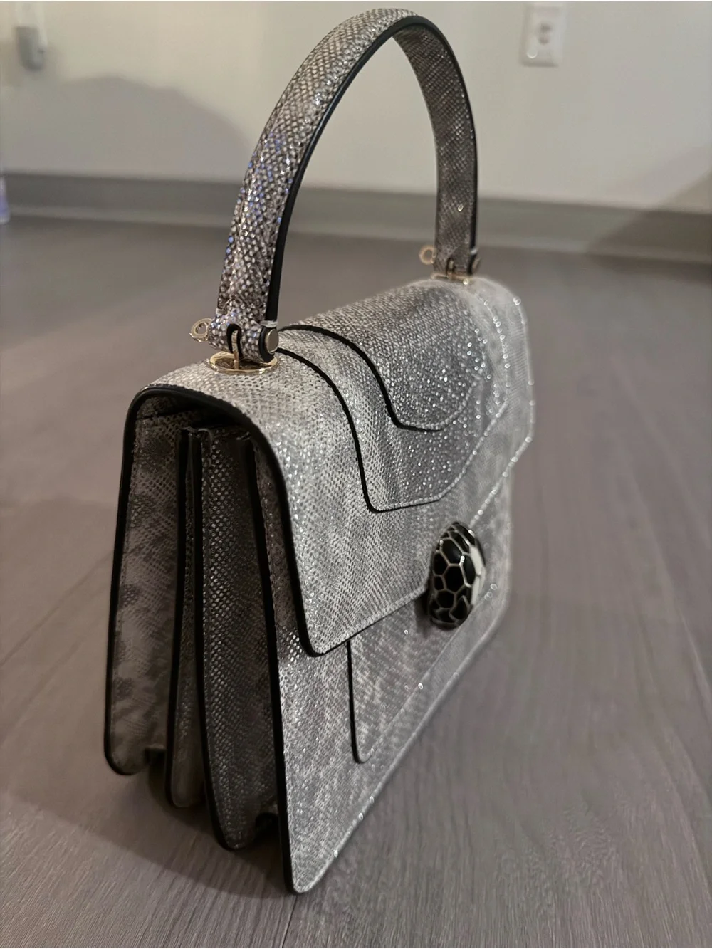 Bulgari Metallic Silver Top-Handle Satchel with Snakehead Clasp